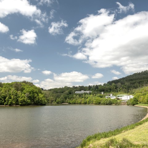 Bitburg reservoir in Biersdorf am See with green shore landscape, wooded hills and buildings in the background under a blue sky with clouds., © Eifel-Tourismus GmbH, Dominik Ketz Bitburg reservoir in Biersdorf am See with green shore landscape, wooded hills and buildings in the background under a blue sky with clouds., © Eifel-Tourismus GmbH, Dominik Ketz