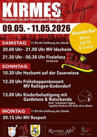 Ein bunter Veranstaltungsflyer für die Kirmes in Ralingen. Das Programm zeigt verschiedene Aktivitäten und Auftritte vom 9. bis 11. Mai 2026.