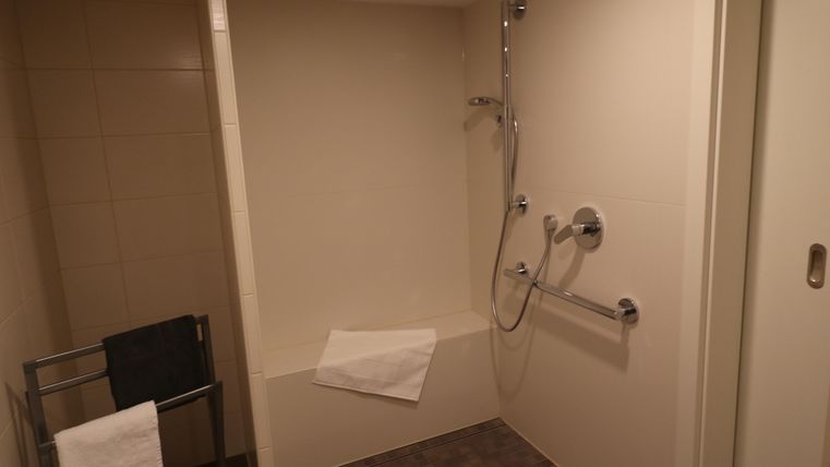 Ein einfaches Badezimmer mit einer Dusche und Haltegriffen. Ein Handtuchhalter und ein Handtuch sind sichtbar.