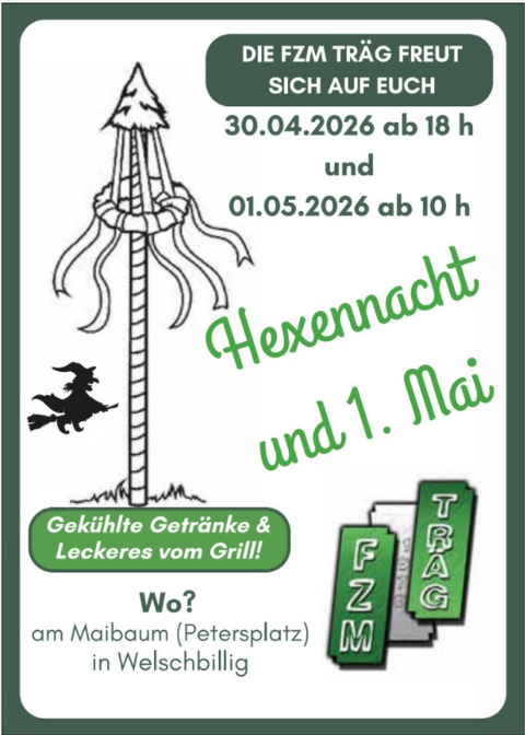 Ein Plakat für ein Event mit dem Maibaum und einer Hexe. Es kündigt die Hexennacht und den 1. Mai mit Getränken und Grill bekannt an.