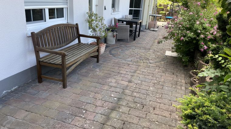 Ein gemütlicher Weg mit gepflastertem Boden, umgeben von Pflanzen. Auf der linken Seite steht eine Holzbank, die zum Verweilen einlädt.