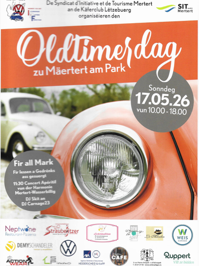 Een poster voor de Oldtimertag in Märttert in het park, die een vintage autolamp en stijlvolle oldtimers op de achtergrond toont. De dag vindt plaats op 17 mei 2026 van 10:00 tot 18:00 uur.