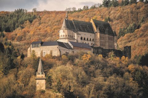 Schloss Vianden inmitten herbstlicher Bäume.