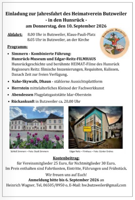 An invitation letter for the 2025 annual trip organized by the Butzweiler Local History Association (Heimatverein Butzweiler e.V.). It contains information about the departure, the itinerary, and registration details.