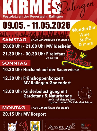 Ein bunter Veranstaltungsflyer für die Kirmes in Ralingen. Das Programm zeigt verschiedene Aktivitäten und Auftritte vom 9. bis 11. Mai 2026.