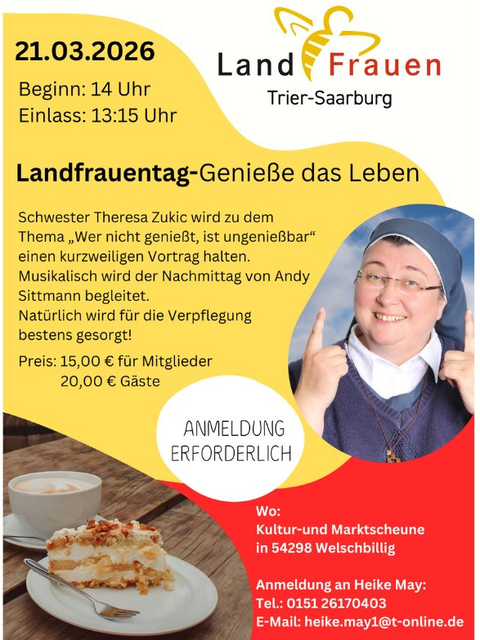 Ein Plakat für den Landfrauentag am 21.03.2026. Die Veranstaltung bietet einen Vortrag von Schwester Theresa Zukic und musikalische Begleitung von Andy Sittmann.