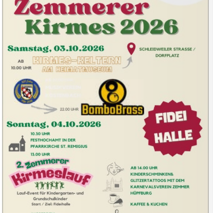 An invitation to the Zemmerer Kirmes 2026 with information on events on October 3rd and 4th. Activities, food, and music will be announced.