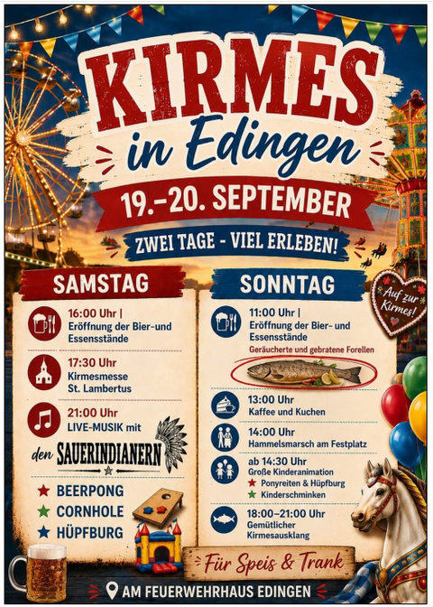 Ein farbenfrohes Plakat für die Kirmes in Edingen, die am 19. und 20. September stattfindet. Es zeigt die Veranstaltungen und Attraktionen, darunter Essen, Livemusik und Spiele.