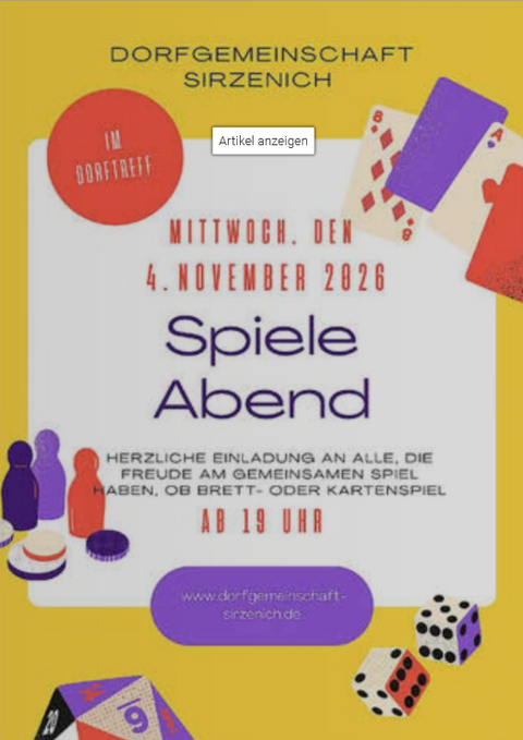 Einladungs-Poster für einen Spieleabend. Es zeigt verschiedene Spiele und Details zur Veranstaltung am 11. Februar 2026.