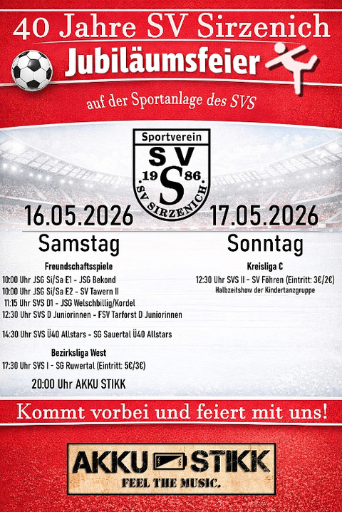 Une affiche pour la fête du jubilé du SV Sirzenich. L'événement aura lieu les 16 et 17 mai 2026 et comprend divers matches de football et des divertissements musicaux.