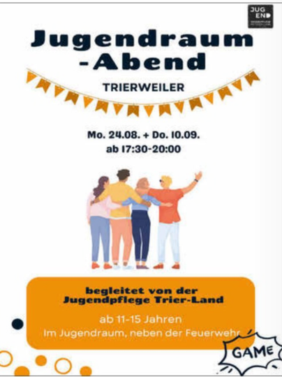 A poster for the youth room evening in Trierweiler. It is aimed at young people aged 11 to 15 years and offers various activities.
