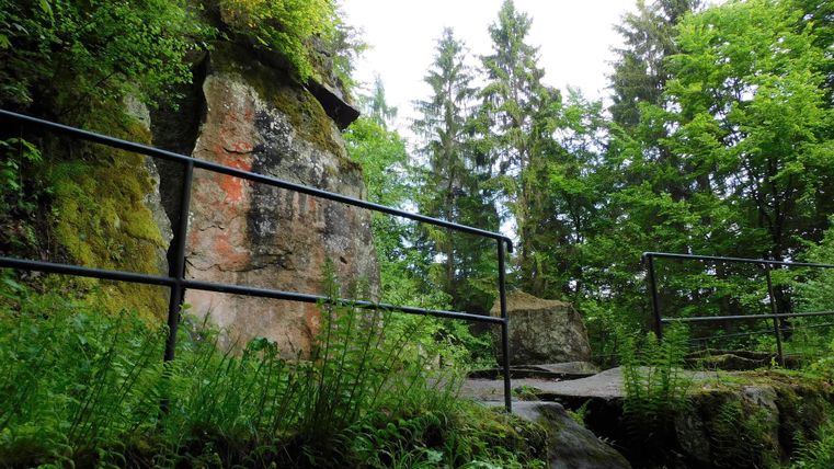 Ein schmaler Weg führt durch üppiges Grün zu einer Felsformation. Umgeben von Bäumen und Farnen vermittelt die Szene einen ruhigen, natürlichen Eindruck.