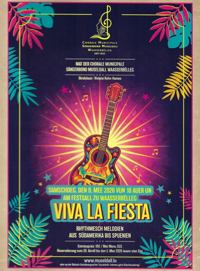 Une affiche colorée pour l'événement "Viva la Fiesta". Elle montre une guitare avec des éléments musicaux et des feuilles tropicales.