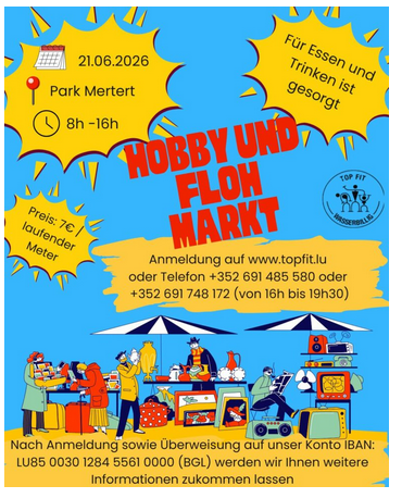 Een kleurrijke flyer voor een hobby- en vlooienmarkt. De markt vindt plaats op 21 juni 2026 in Park Mertert en biedt eten en drinken aan.