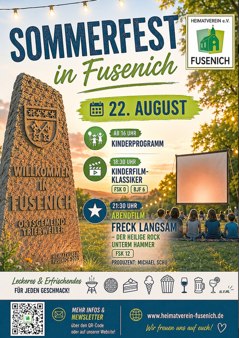 A poster for the summer festival in Fusenich on August 22. It provides information about the program, times, and a movie night.