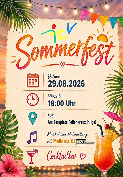 A colorful poster for a summer party featuring a cocktail and festive decorations. The event will take place on August 29, 2026, at 6:00 p.m. in Igel.