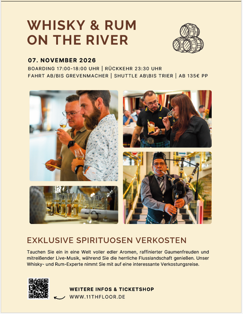Ein Veranstaltungsplakat für eine Whisky- und Rum-Verkostung. Das Event findet am 7. November 2026 statt und bietet exklusive Spirituosen sowie Live-Musik.