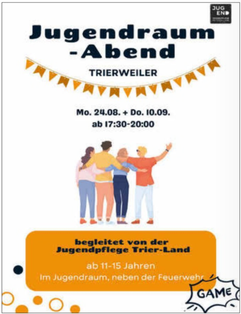 Ein Plakat für den Jugendraum-Abend in Trierweiler. Es richtet sich an Jugendliche von 11 bis 15 Jahren und bietet verschiedene Aktivitäten an.