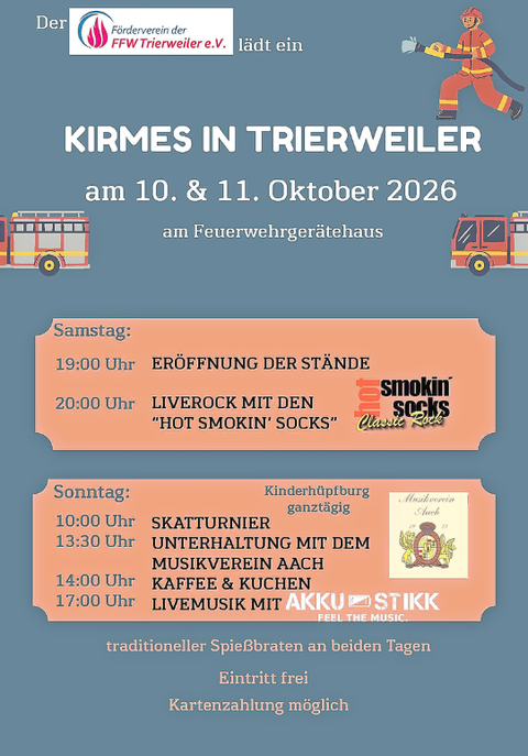 Un flyer pour la kermesse à Trierweiler, qui aura lieu les 10 et 11 octobre 2026. L'événement propose de la musique live, du divertissement et des plats traditionnels devant la caserne des pompiers.