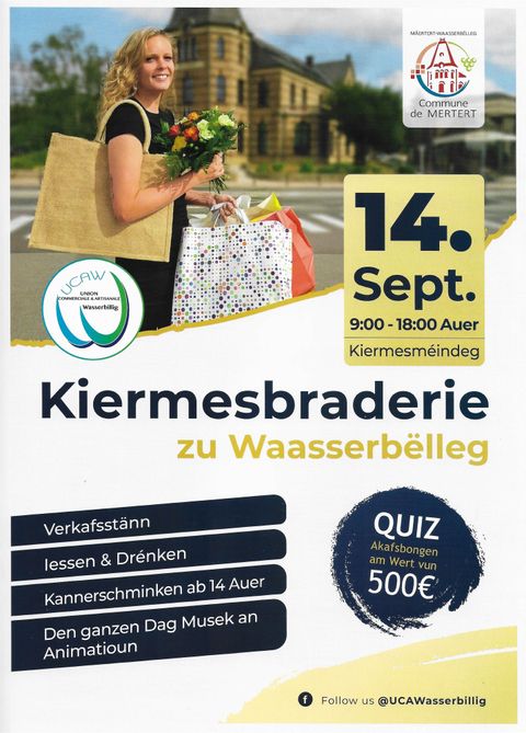 A flyer for the Kirmesbraderie in Wasserbüllig on September 14 from 9:00 a.m. to 6:00 p.m. There will be vendor booths, food and drinks, and a quiz with prizes.