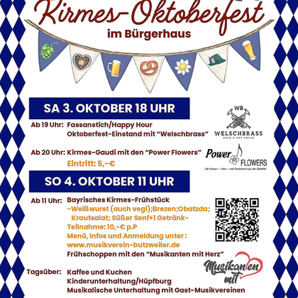 An event poster for the Butzweilerer Kirmes-Oktoberfest at the community center. It features information on dates, activities, and entry prices.