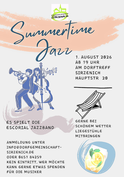A poster for the "Summertime Jazz" event with information about the date and location. It features a jazz band and invites visitors to bring lounge chairs.