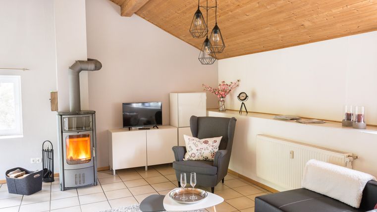 Ein gemütliches Wohnzimmer mit einem modernen Ofen und Holzdecken. Bequeme Möbel und ein Tisch schaffen eine einladende Atmosphäre.