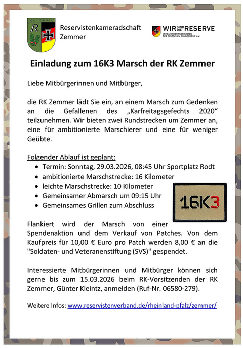 Einladung zum 16K3 Marsch der Reservistenkameradschaft Zemmer. Der Marsch findet am 29.03.2026 statt und umfasst verschiedene Streckenlängen.