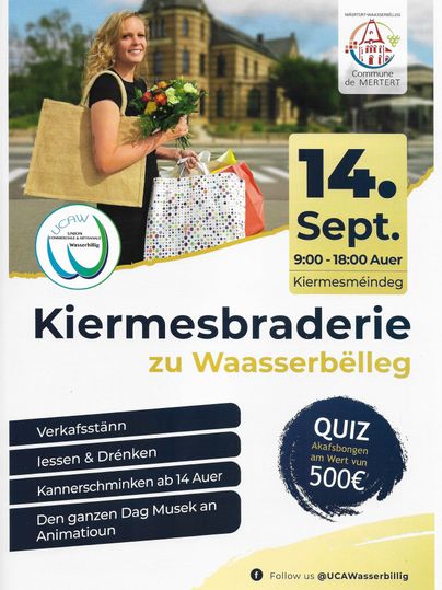 A flyer for the Kirmesbraderie in Wasserbüllig on September 14 from 9:00 a.m. to 6:00 p.m. There will be vendor booths, food and drinks, and a quiz with prizes.