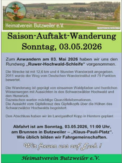 Ein Informationsblatt für eine Wanderung am 03. Mai 2026. Es beschreibt die Route, die Landschaft und den Treffpunkt für die Teilnehmer.