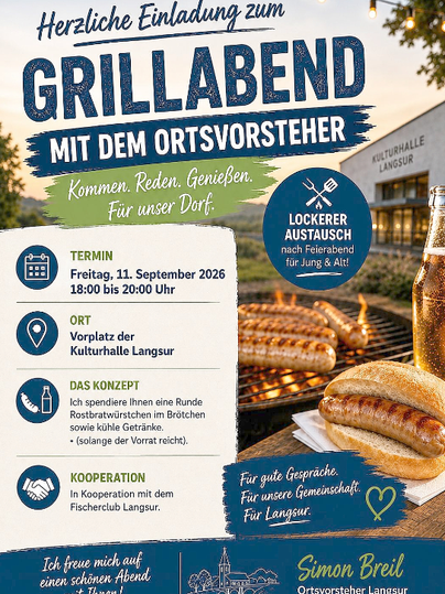 Einladungsplakat zu einem Grillabend mit dem Ortsvorsteher. Es zeigt Informationen über den Termin, Ort und das Konzept der Veranstaltung.