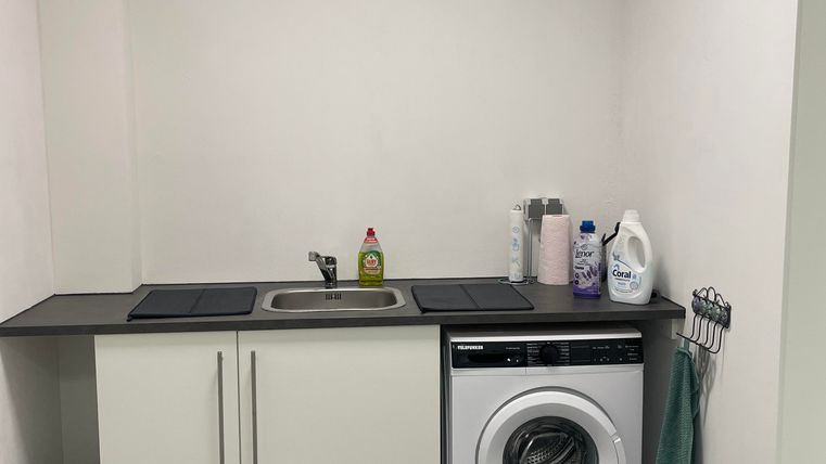Im Bereich neben der Garage stehen eine Waschmaschine sowie eine Spüle bereit. Reinigungsmittel und Putzutensilien sind ebenfalls vorhanden.