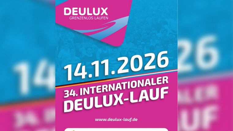 Ein Plakat für den 34. Internationalen Deulux-Lauf am 14.11.2026. Das Design ist auffällig in Blau und Pink mit verschiedenen Logos unten.