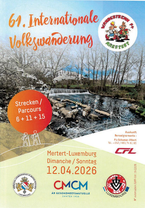 Een advertentie voor de 61e Internationale Volkswanderung toont een schilderachtig landschap met een rivier en bomen. Het evenement vindt plaats op 12 april 2026 in Mertert-Luxemburg.
