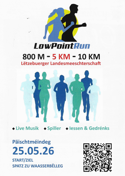 Een advertentie voor de LowPointRun met verschillende afstanden van 800 m tot 10 km. Het evenement vindt plaats op 25 mei 2026 en biedt live-muziek en verfrissingen.