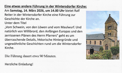 Eine Einladung zu einer Führung in der Wintersdorfer Kirche. Der Fachmann Ralf Reiter wird außergewöhnliche Geschichten und historische Hintergründe präsentieren.