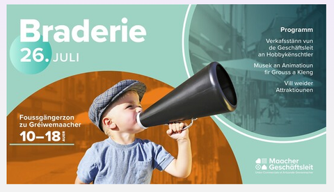 Eine Frau hält einen Blumenstrauß und lächelt, während sie Einkaufstaschen trägt. Der Hintergrund ist farbenfroh und das Ereignis „Fréijoers Shopping“ wird beworben.