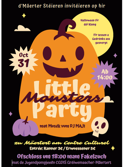 Une affiche accueillante pour une fête d'Halloween avec une grande citrouille souriante et des graphiques colorés. L'événement aura lieu le 25 octobre au Centre Culturel, avec de la musique de DJ MAJI.