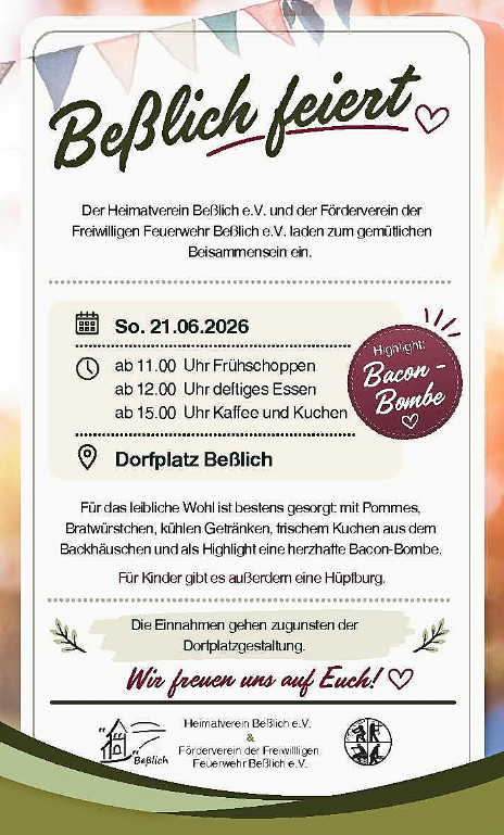 Ein einladendes Plakat für ein Dorffest in Beßlich. Es informiert über das Programm, einschließlich Frühstück, Essen und Kaffee am 21. Juni 2026.