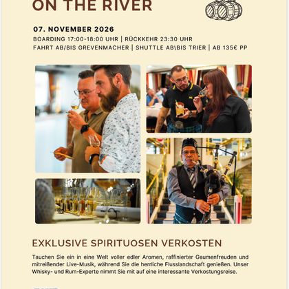 Ein Veranstaltungsplakat für eine Whisky- und Rum-Verkostung. Das Event findet am 7. November 2026 statt und bietet exklusive Spirituosen sowie Live-Musik.