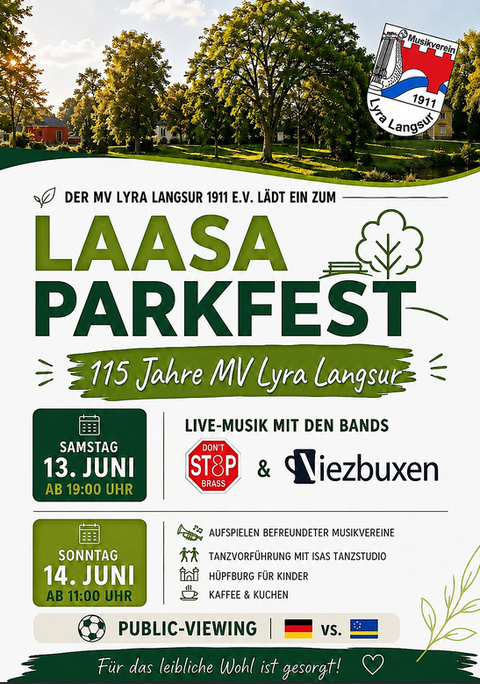 Ein einladendes Plakat für das Laasa Parkfest mit Informationen zu Live-Musik und Veranstaltungen. Das Fest feiert 115 Jahre MV Lyra Langsur und findet am 13. und 14. Juni statt.