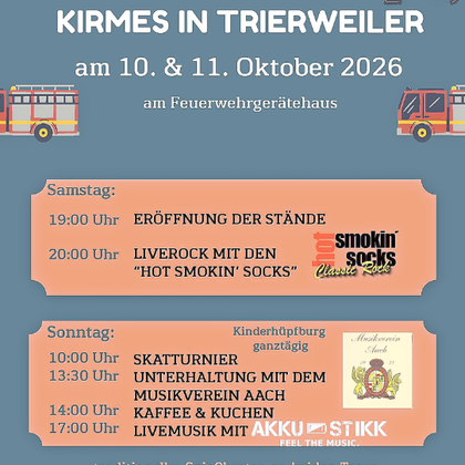 A flyer for the fair in Trierweiler, taking place on October 10th and 11th, 2026. The event offers live music, entertainment, and traditional food at the fire department equipment house.