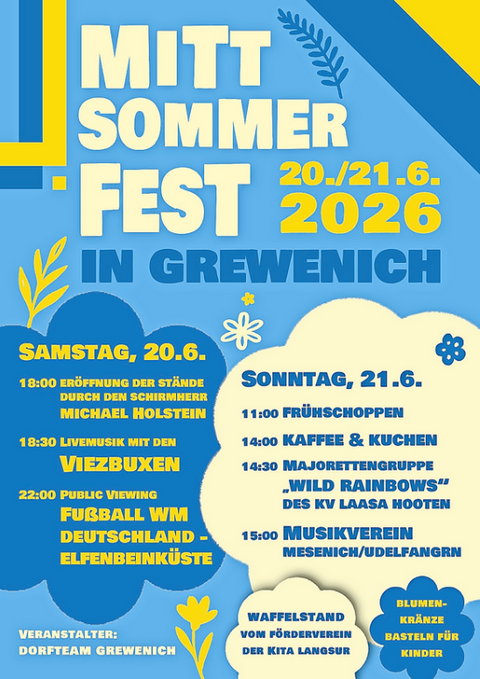 Ein plakatartiges Design für ein Sommerfest in Grewenich am 20. und 21. Juni 2026. Es enthält Informationen zu Veranstaltungen, Aktivitäten und dem Zeitplan für den Festivaltag.