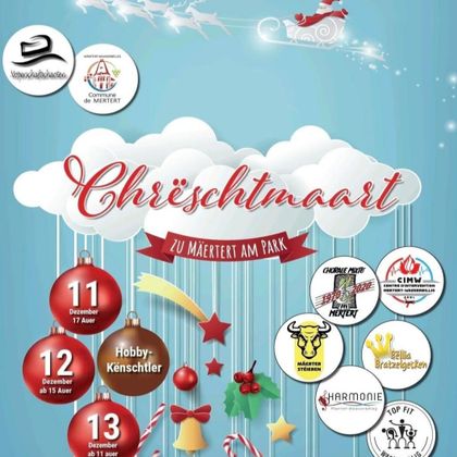 Une affiche colorée pour le marché de Noël. Elle présente des dates et des logos d'événements ainsi que des symboles festifs comme des cannes en sucre et des étoiles.