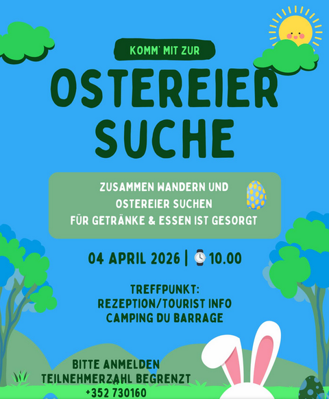 Een uitnodigend spandoek voor een buitenei-jacht. Het toont een vrolijke scène met een zon, een konijn en kleurrijke paaseieren.