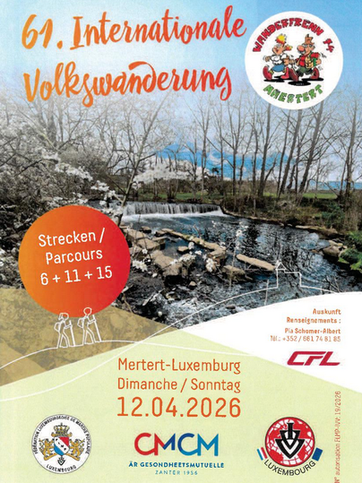 Une annonce pour la 61e Marche Internationale présente un paysage pittoresque avec une rivière et des arbres. L'événement aura lieu le 12 avril 2026 à Mertert-Luxembourg.