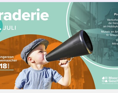 Eine Frau hält einen Blumenstrauß und lächelt, während sie Einkaufstaschen trägt. Der Hintergrund ist farbenfroh und das Ereignis „Fréijoers Shopping“ wird beworben.