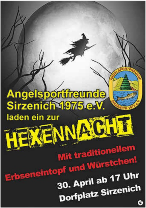 Ein Plakat für die Hexennacht der Angelsportfreunde Sirzenich 1975 e.V. Es zeigt eine Hexe vor einem vollen Mond und kündigt Essen und die Veranstaltung am 30. April an.