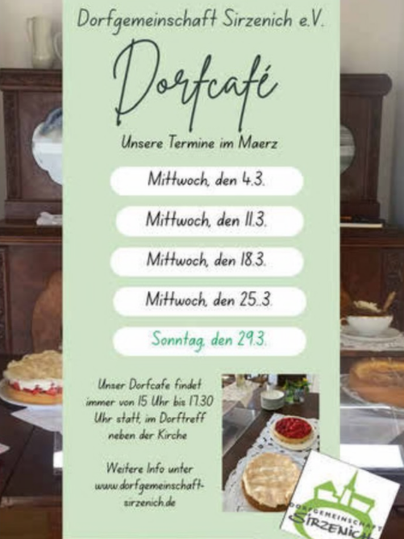 Ein Flyer für das Dorfcafé der Dorfgemeinschaft Sirzenich e.V. zeigt Termine im Oktober. Er kündigt wöchentliche Treffen und eine kurze Pause während der Herbstferien an.