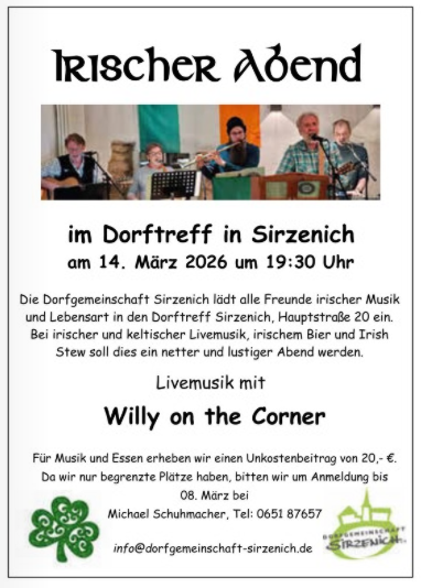 Ein Veranstaltungsplakat für einen irischen Abend im Dorf Treff in Sirzenich. Es zeigt Informationen über Musik, Essen und das Eventdatum am 14. März 2026.